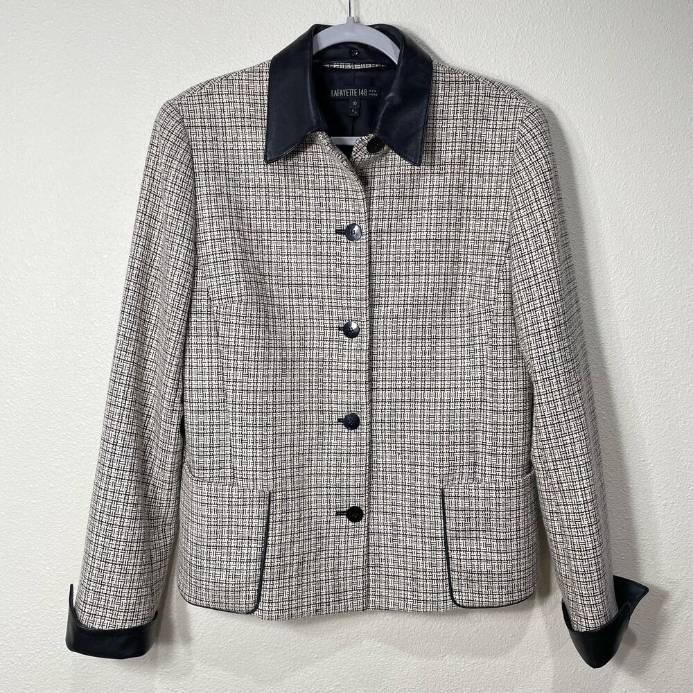 Lafayette 148 NY Tweed Wool Leather Trim Jacket Heritage Old Money Academia 10